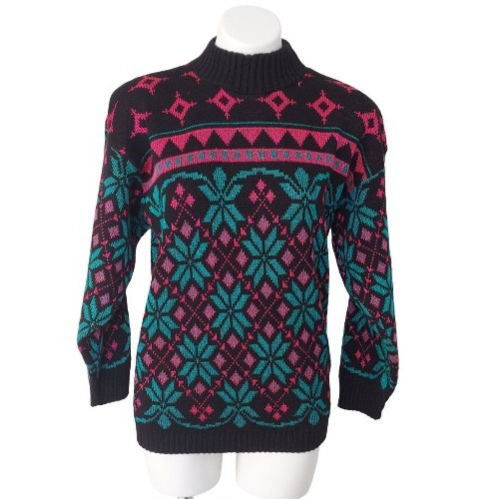1980s Vintage Pink and Green Snowflake Ski Sweater, S/M